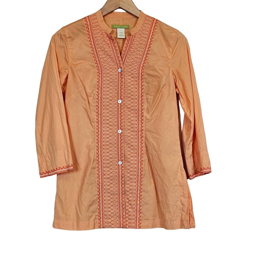 Sigrid Olsen Orange Embroidered Button Front‎ Top Blouse Petite